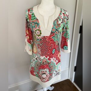 JUDE CONNALLY Dress Size S Mini Tropical Multicolor 3/4 Sleeve Side Slit Beach